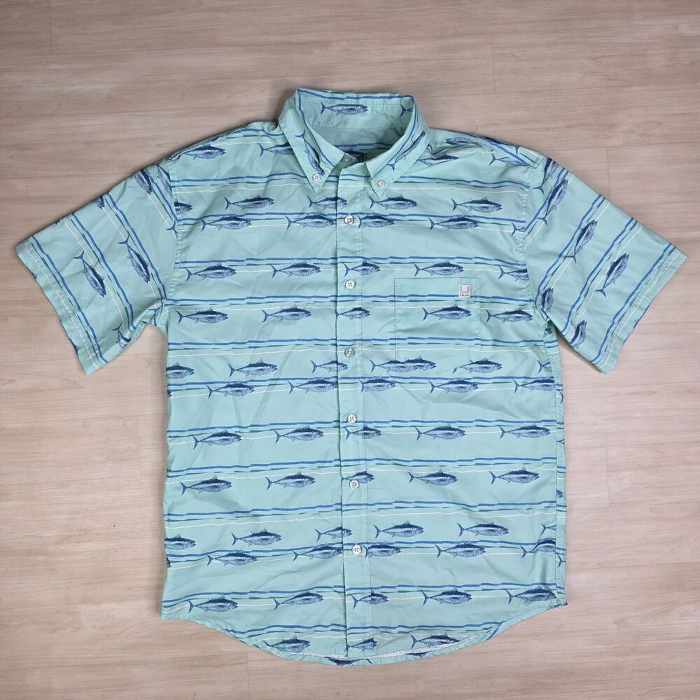 Huk Fish Print Vented Short Sleeve Button Down Shirt Green Size Small